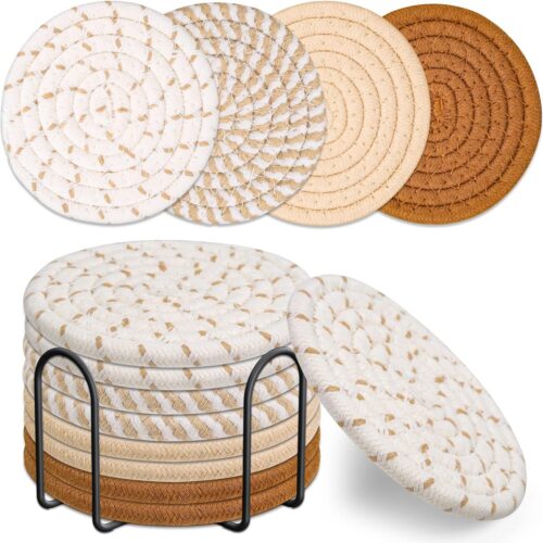81D9ybwtAEL._AC_SL1500_ Drink Coasters Set of 8, 4 Colors Absorbent Coasters for Drinks, Minimalist Cotton Woven Coaster for Living Room Decor, Tabletop Protection Suitable for Kinds of Cups, 4.3 Inches