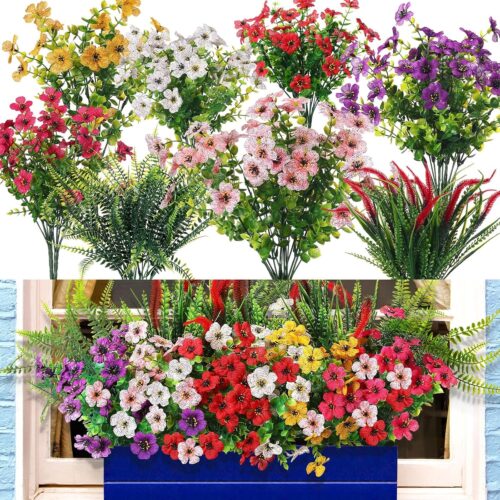 12 Pcs Artificial Flowers for Outdoor, UV Protection Resistant Artificial Flowers Plants for Window Box Plastic Wildflowers Greenery Shrubs Outside Garden Summer Patio Porch Yard(Fresh Color)