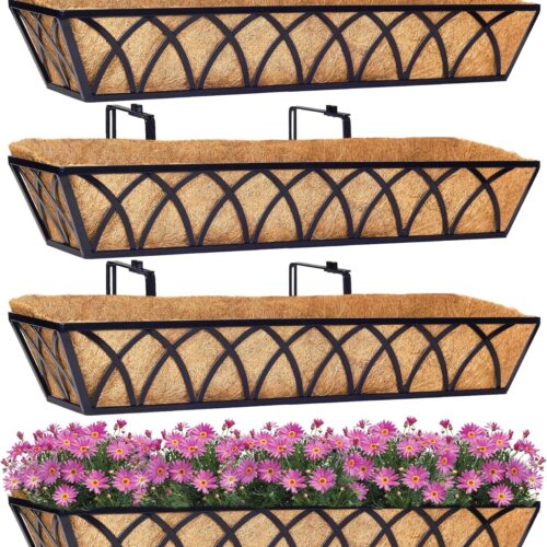 30 Inch Window Deck with Coco Liner Set of 4, 30" Window Boxes Horse Trough with Coconut Coir Liner, Metal Hanging Flower Planter Window Basket Deck Railing Planter Boxes for Outdoor Indoor Lawn