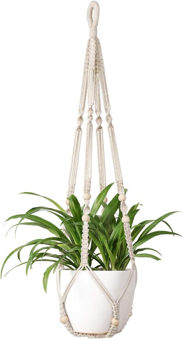 Macrame Plant Hanger Indoor Hanging Planter Basket with Wood Beads Decorative Flower Pot Holder No Tassels for Indoor Outdoor Boho Home Decor 35 Inch, Ivory, Set of 1 (POTS NOT Included) 5