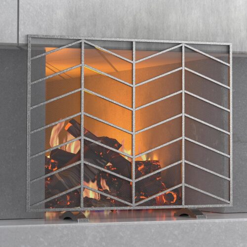 Single Panel Handcrafted Wrought Iron Mesh Chevron Fireplace Screen, Fire Spark Guard for Living Room, Bedroom Decor(Pewter)