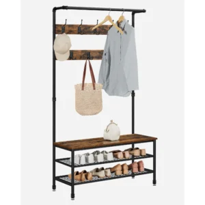 3-in-1 Entryway Coat Rack and Storage Bench Multifunctional Hall Tree with 9 Hooks Sturdy Steel Frame