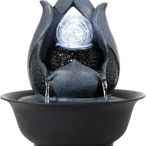 Indoor Water Fountain with LED Rolling Ball - Tabletop Zen Meditation Fountain for Home, Bedroom or Office (Style 12)