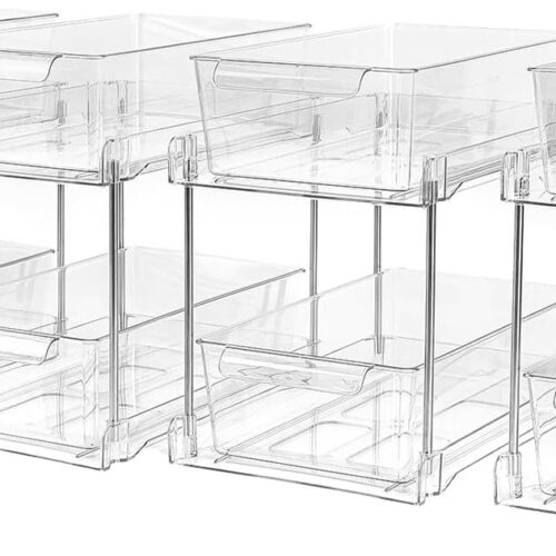 4Pack 2-Tier Bathroom Storage Organizer, Clear Under Sink Organizers Kitchen Vanity Counter Storage Container, Medicine Cabinet Drawers Bins, Pull-Out Organization with Track for Pantry
