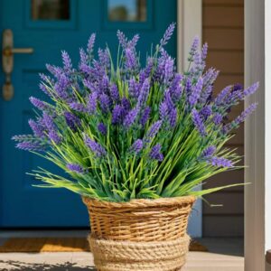12 Bundles Artificial Plants Outdoor, UV Resistant Fake Lavender Flowers Faux Plastic Monkey Grass for Pot Porch Patio Yard Garden Deck Window Box Decor(Grass with Purple Flowers)
