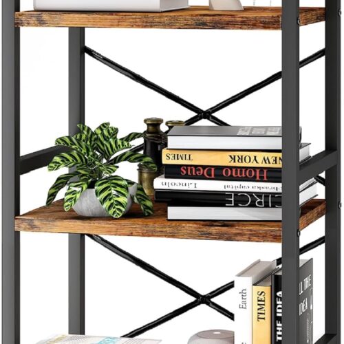 1 Bookshelf, 3 Tier Industrial Bookcase, Metal Small Bookcase, Rustic Etagere Book Shelf Storage Organizer for Living Room, Bedroom, and Home Office(Rustic Brown) Patent Pending