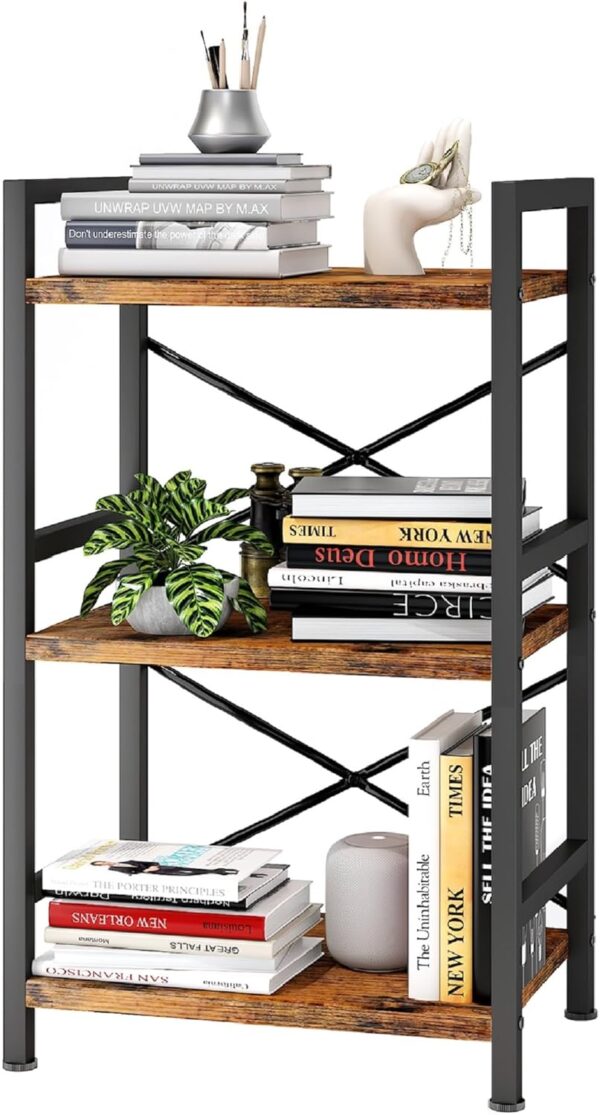 Bookshelf, 3 Tier Industrial Bookcase, Metal Small Bookcase, Rustic Etagere Book Shelf Storage Organizer for Living Room, Bedroom, and Home Office(Rustic Brown) Patent Pending 1