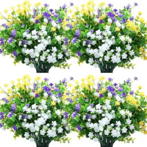 36 Bundles Artificial Flowers Outdoor, UV Resistant Faux Artificial Plants Shrubs Flower Bulk for Hanging Planter Porch Window Home Wedding Spring Summer Decor (Yellow, Purple, White)