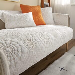 Boho Circle Embroidery Couch Sofa Cover Solid Color Cotton Quilted Non-Slip Sectional Couch Covers Sofa Slipcover for Dogs, Children, Pets Furniture Protector (White,28"x28")