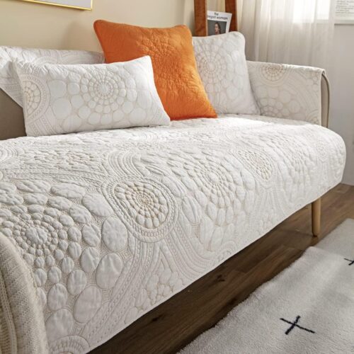 Boho Circle Embroidery Couch Sofa Cover Solid Color Cotton Quilted Non-Slip Sectional Couch Covers Sofa Slipcover for Dogs, Children, Pets Furniture Protector (White,28"x28")