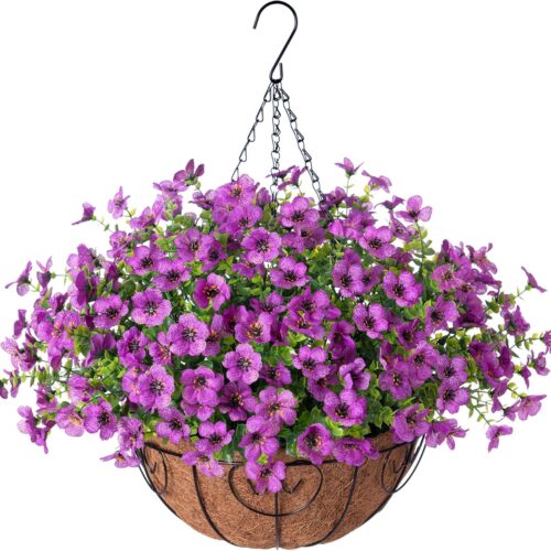 Artificial Flowers Hanging Basket for Outdoor Indoor Spring Summer Decoration,Fake Silk Colorful Daisy Eucalyptus in 12" Metal Coconut Lining Flowerpot Arrangement for Patio Yard Decor(Purple)