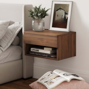 Wall Mounted Floating Bedroom Nightstand with Storage Drawer and Modern Open Shelf Cubby, Dark Brown Walnut