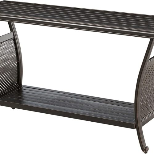 Traditions Outdoor Table, 50" Slat Top Console Table with 2 Shelves, Rust-Resistant All-Weather Patio Table with Brushed Bronze Finish, Perfect for Storage and Display Space or Bar Set Up
