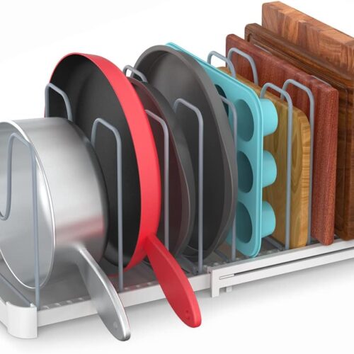Adjustable Bakeware Organizer Pot Lid Holder Rack for Pots, Cake Molds, Cutting Boards, Mats, Cookware, GS02SS, 7.7'' Deep by 12.6'' to 21.5'' Wide