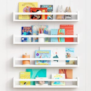 24 Inch Wall Bookshelf for Kids Bedroom Set of 4, White Floating Nursery Book Shelves for Baby Toddler Children Girls Boys Room Decor, Large Wood Wall Mount Bookshelves and Toy Storage