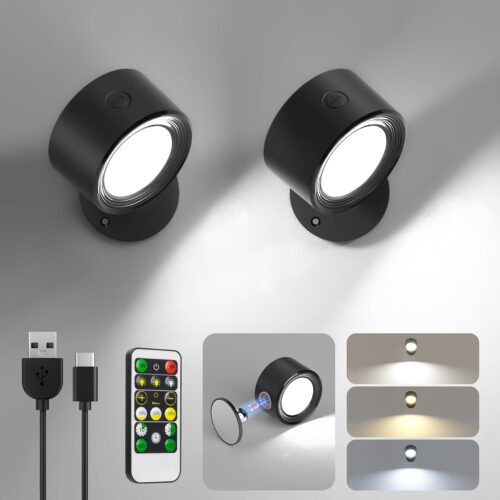 LED Wall Mounted Lights 2 Pcs with Remote, Wall Sconces Lamp 3000mAh Rechargeable Battery Operated, 3 Color Temperatures & Dimmable Magnetic 360° Rotation Cordless Light for Bedroom Bedside