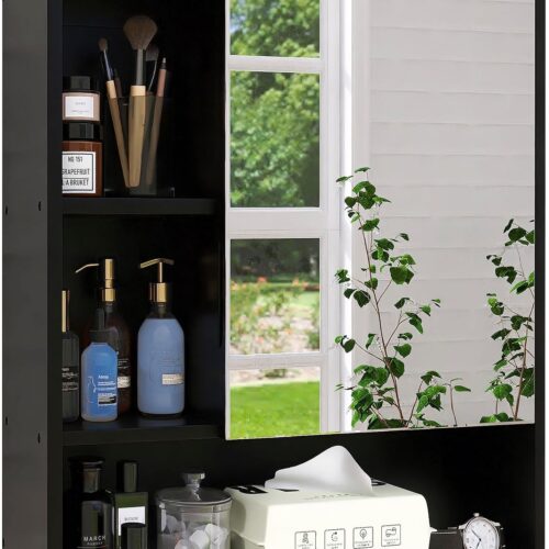 Bathroom Mirror Cabinet Wall Mounted, Bamboo Space Saver Medicine Cabinet, Wall Hanging Over Toilet Storage Cabinet with Mirror Door and Adjustable Shelf (Black)