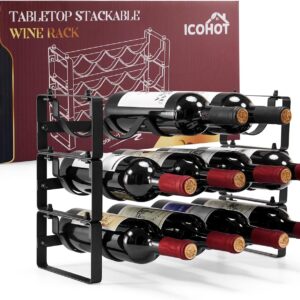 Stackable Wine Rack Countertop, Sturdy Bottle Holder Freestanding for Cabinet, 3 Tier Small Tabletop Wine Holder Stand, Wire Bottle Rack Metal Storage Organizers