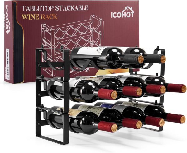 Stackable Wine Rack Countertop, Sturdy Bottle Holder Freestanding for Cabinet, 3 Tier Small Tabletop Wine Holder Stand, Wire Bottle Rack Metal Storage Organizers 1