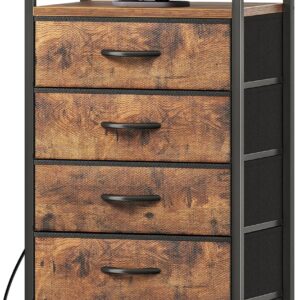 5 Drawers Dresser with Charging Station, Dresser for Bedroom, Tall Night Stand, Chest of Drawers with Open Shelf, Bedside Table Nightstand, Fabric, for Entryway, Rustic Brown