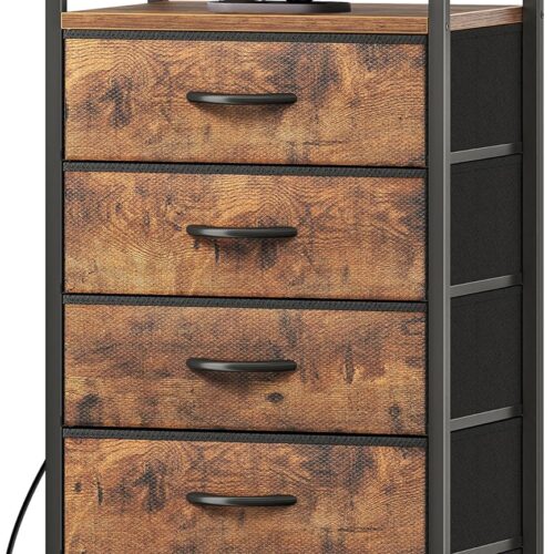5 Drawers Dresser with Charging Station, Dresser for Bedroom, Tall Night Stand, Chest of Drawers with Open Shelf, Bedside Table Nightstand, Fabric, for Entryway, Rustic Brown