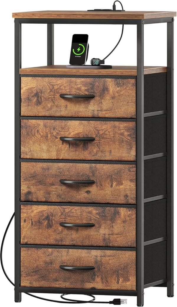 5 Drawers Dresser with Charging Station, Dresser for Bedroom, Tall Night Stand, Chest of Drawers with Open Shelf, Bedside Table Nightstand, Fabric, for Entryway, Rustic Brown 1