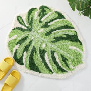 Green Leaf Bath Mat for Bathroom, Cute Non Slip Monstera Shaped Plush Tufted Rug, Soft Absorbent Washable Small Floor Mat Carpet Fun Bathroom Tub Shower Rugs, 21"x25"