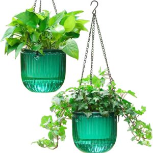 2 Pack Self Watering Hanging Planters Indoor Flower Pots, 6.5 Inch Outdoor Hanging Basket, Plant Hanger with 3Hooks Drainage Holes for Garden Home (Emerald)
