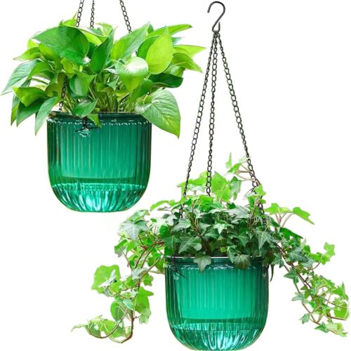 2 Pack Self Watering Hanging Planters Indoor Flower Pots, 6.5 Inch Outdoor Hanging Basket, Plant Hanger with 3Hooks Drainage Holes for Garden Home (Emerald)