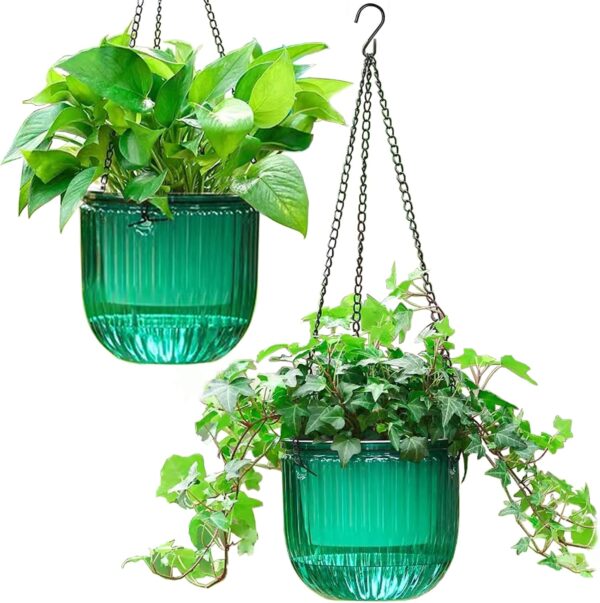 2 Pack Self Watering Hanging Planters Indoor Flower Pots, 6.5 Inch Outdoor Hanging Basket, Plant Hanger with 3Hooks Drainage Holes for Garden Home (Emerald) 1