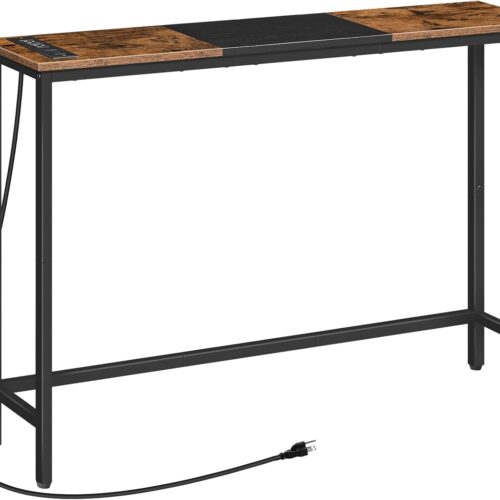 Narrow Console Table with Power Outlets, 44.9-Inch Sofa Table, Slim Behind Couch Table, Entryway Display Shelf, for Living Room, Foyer, Hallway, Rustic Brown and Black BF114UXG01