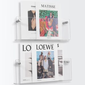 2-Pack Clear Acrylic Magazine Holder, 15.5 Inch Wall Mount Hanging Bookshelf Magazine Rack - Brochure File Display Shelf for Waiting Room, Living Room, Office, Home