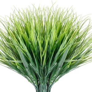 12 Bundles Artificial Grasses Outdoor UV Resistant Fake Grass No Fade Faux Plastic Plants Garden Window Box Decorating(Green Grass)