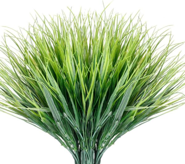 12 Bundles Artificial Grasses Outdoor UV Resistant Fake Grass No Fade Faux Plastic Plants Garden Window Box Decorating(Green Grass) 1
