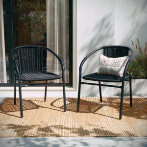2 Pack Black Rattan Indoor-Outdoor Restaurant Stack Chair with Curved Back