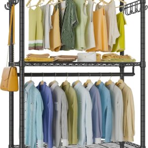 R2 Plus Heavy Duty Rolling Garment Rack 3 Tiers Adjustable Wire Shelving Clothes Rack with Double Rods and Side Hooks, Freestanding Wardrobe Storage Rack Metal Clothing Rack, Black