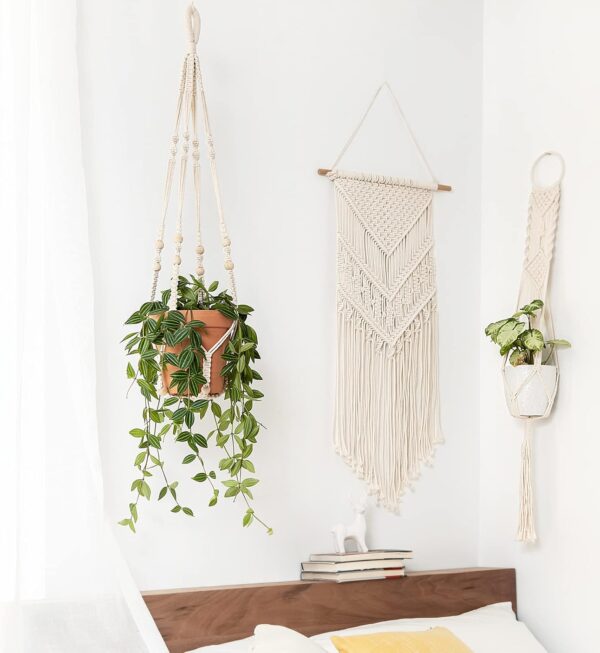Macrame Plant Hanger Indoor Hanging Planter Basket with Wood Beads Decorative Flower Pot Holder No Tassels for Indoor Outdoor Boho Home Decor 35 Inch, Ivory, Set of 1 (POTS NOT Included) 4