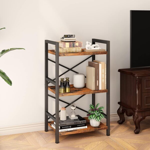 Bookshelf, 3 Tier Industrial Bookcase, Metal Small Bookcase, Rustic Etagere Book Shelf Storage Organizer for Living Room, Bedroom, and Home Office(Rustic Brown) Patent Pending 2