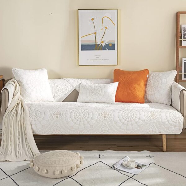 Boho Circle Embroidery Couch Sofa Cover Solid Color Cotton Quilted Non-Slip Sectional Couch Covers Sofa Slipcover for Dogs, Children, Pets Furniture Protector (White,28"x28") 2