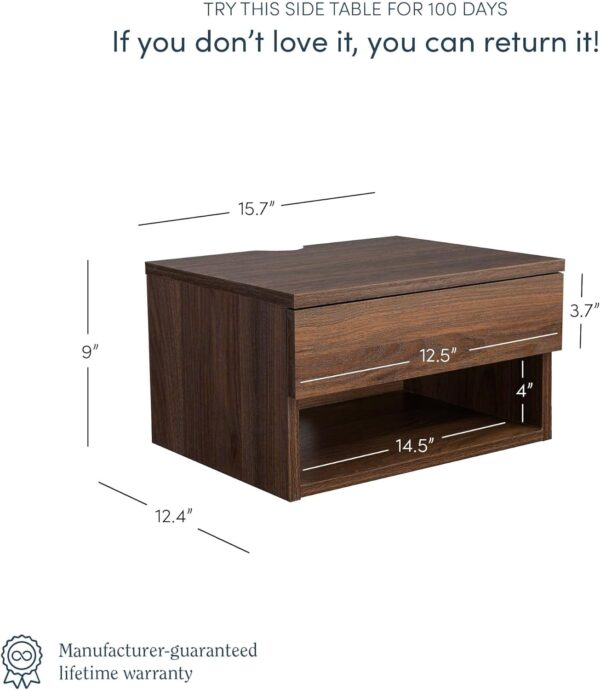 Wall Mounted Floating Bedroom Nightstand with Storage Drawer and Modern Open Shelf Cubby, Dark Brown Walnut 5
