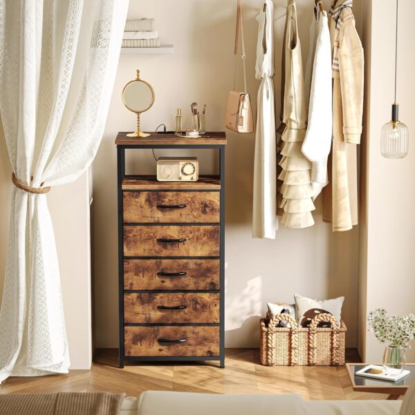 5 Drawers Dresser with Charging Station, Dresser for Bedroom, Tall Night Stand, Chest of Drawers with Open Shelf, Bedside Table Nightstand, Fabric, for Entryway, Rustic Brown 4