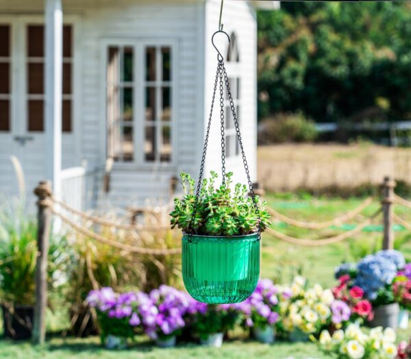2 Pack Self Watering Hanging Planters Indoor Flower Pots, 6.5 Inch Outdoor Hanging Basket, Plant Hanger with 3Hooks Drainage Holes for Garden Home (Emerald) 5