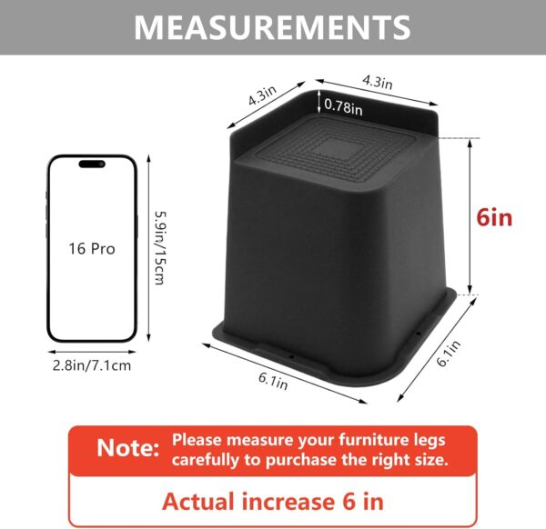 4 Pack Oversized Bed Risers 6 inch Heavy Duty, Furniture Risers, Black Bed Lifts Risers for Table, Sofa, Chair, Couch, Desk, Bed Frame Risers Supports Up to 6,500 Lbs 2