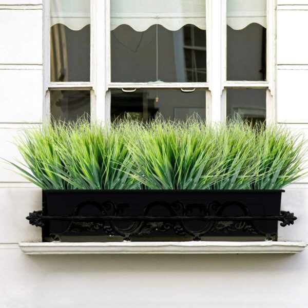 12 Bundles Artificial Grasses Outdoor UV Resistant Fake Grass No Fade Faux Plastic Plants Garden Window Box Decorating(Green Grass) 5