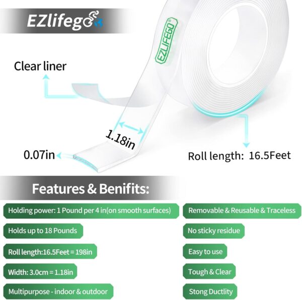 Double Sided Tape Heavy Duty(Extra Large 16.5FT), Nano Adhesive Mounting Tape Wall Decor,Sticky Picture Hanging Adhesive Strips Poster Tape 5