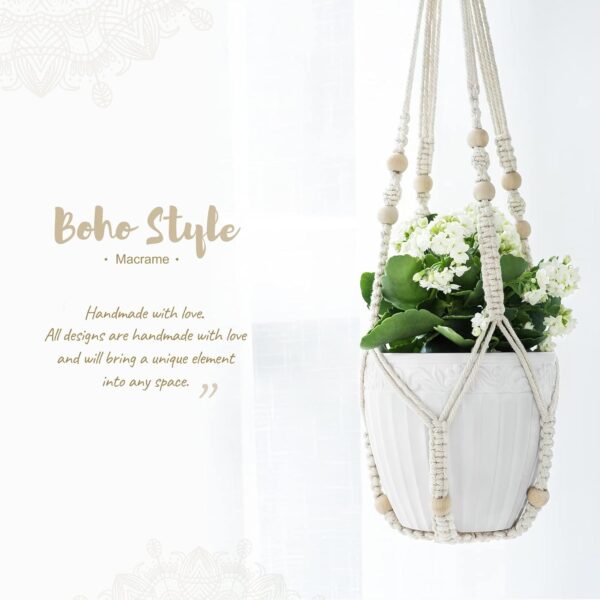 Macrame Plant Hanger Indoor Hanging Planter Basket with Wood Beads Decorative Flower Pot Holder No Tassels for Indoor Outdoor Boho Home Decor 35 Inch, Ivory, Set of 1 (POTS NOT Included) 3