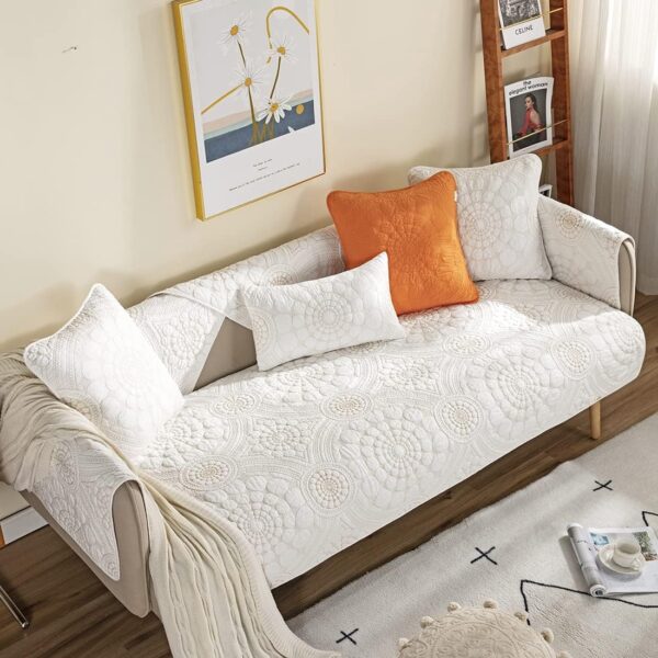 Boho Circle Embroidery Couch Sofa Cover Solid Color Cotton Quilted Non-Slip Sectional Couch Covers Sofa Slipcover for Dogs, Children, Pets Furniture Protector (White,28"x28") 3