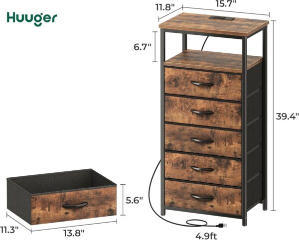 5 Drawers Dresser with Charging Station, Dresser for Bedroom, Tall Night Stand, Chest of Drawers with Open Shelf, Bedside Table Nightstand, Fabric, for Entryway, Rustic Brown 3
