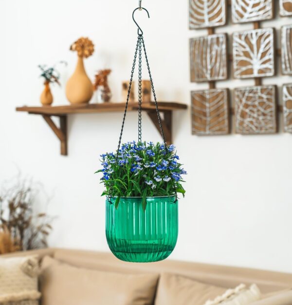 2 Pack Self Watering Hanging Planters Indoor Flower Pots, 6.5 Inch Outdoor Hanging Basket, Plant Hanger with 3Hooks Drainage Holes for Garden Home (Emerald) 4