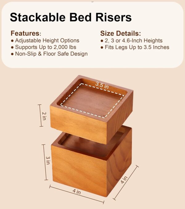 Wood Bed Furniture Risers 2, 3 or 4.6 Inch, Solid Pine Wood Furniture Risers: Enhance Durability, Comfort, and Style with Effortless Installation and Added Functionality 4